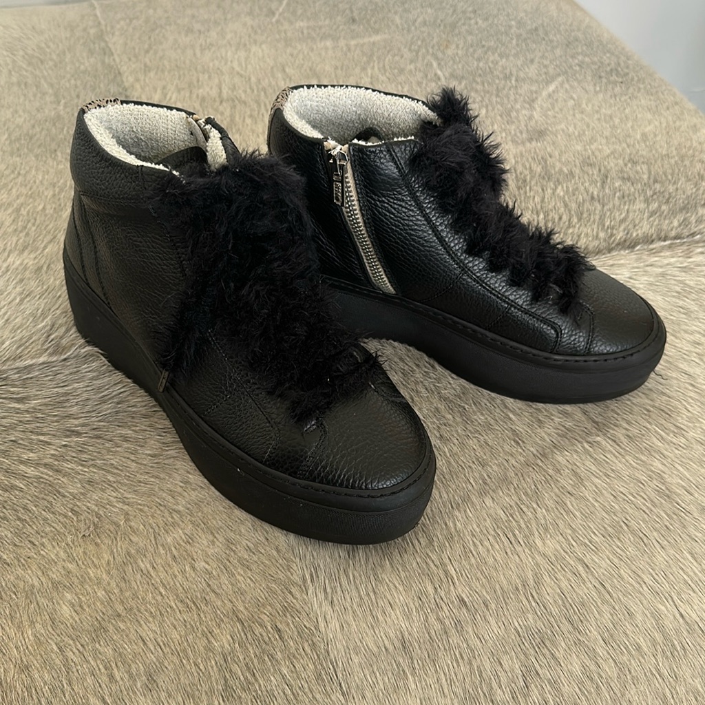 P448 Black Leather Fur-Trim Platform Sneakers